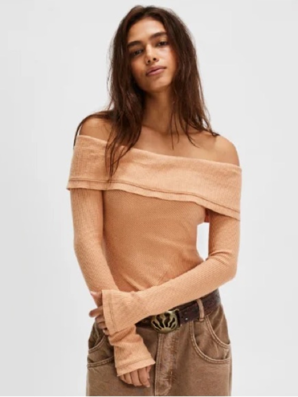 Free People Autumn Cozy Off the Shoulder Waffle Stitch Bodysuit Toasted Size XL